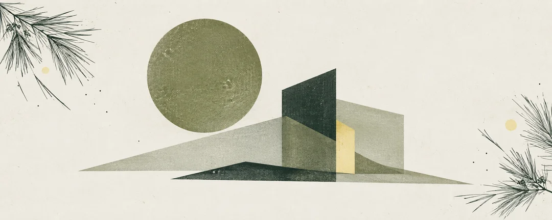 Decorative pine and chalk illustration of a circle and overlapping geometric planes.